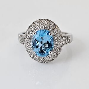 Natural Swiss Blue Topaz & Diamond Ring Sterling Silver Platinum Finish Sz 8